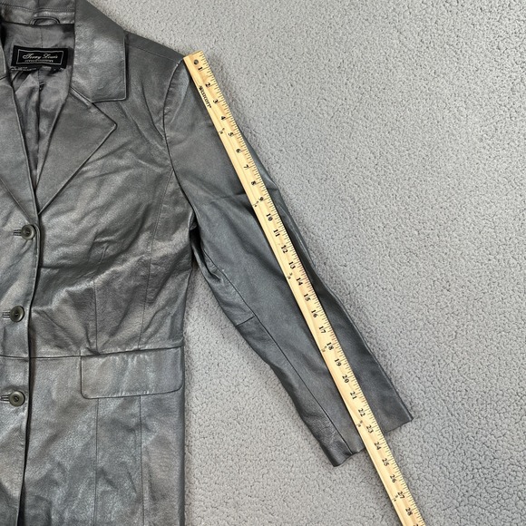 Terry Lewis Leather Blazer Jacket Women Medium Silver 3 Button Lined Luxury Coat - Picture 9 of 16